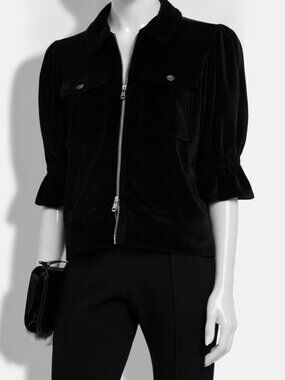 Cinq à Sept Women's Black Velour Ruffled Elbow Sleeve Holly Jacket Size L